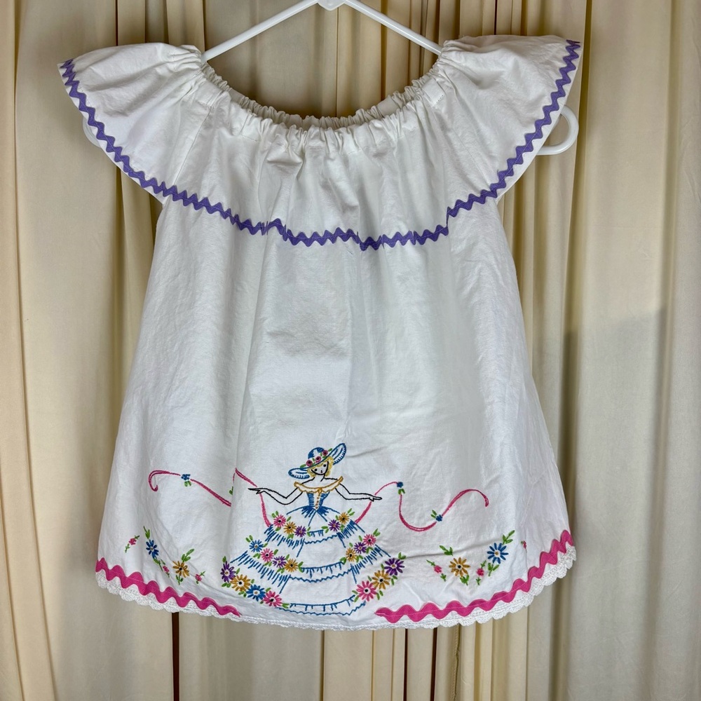 Child Dress VTG Pillowcase White Ruffled Sleeve Hand  Embroidered Design | 24mo - Picture 2 of 10